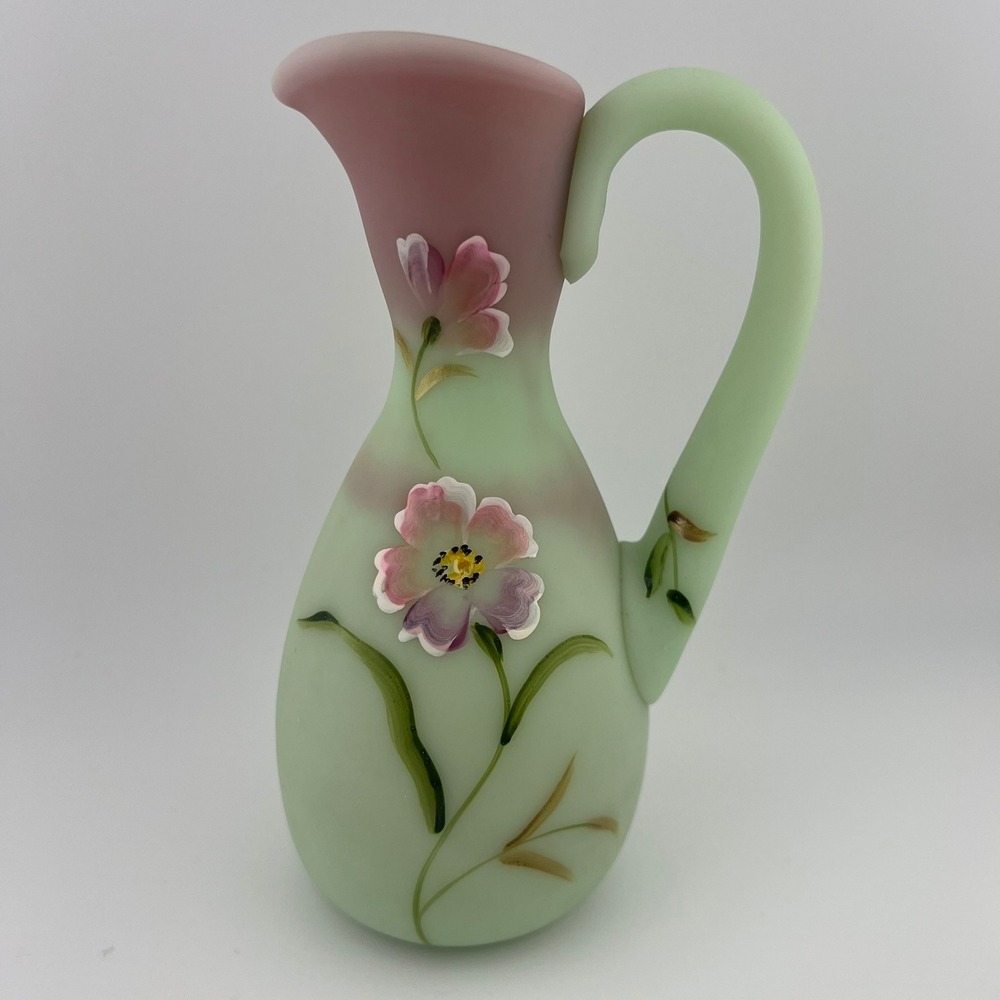 Fenton Hand Painted Floral Satin Glass Pitcher C Smith Limited 120/400